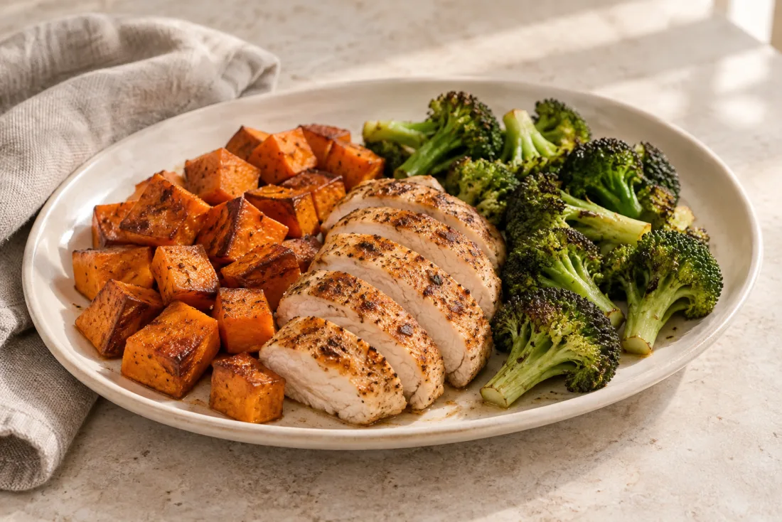 Roast chicken, sweet potato & broccoli — serving suggestion