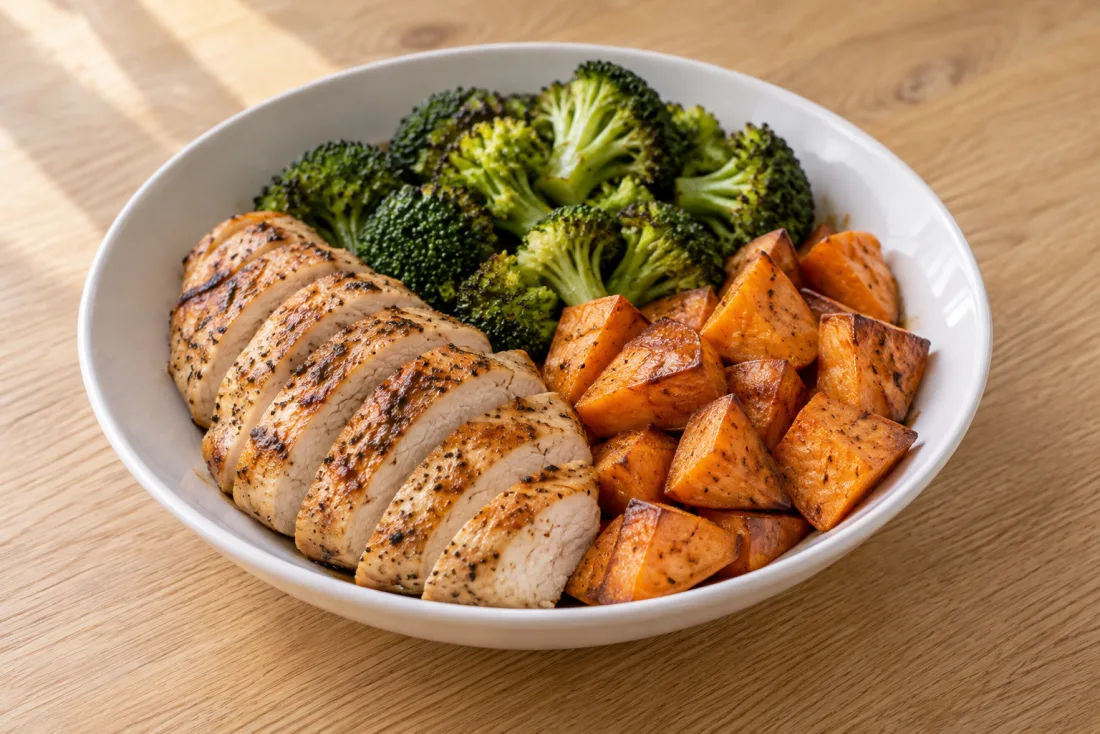 Roast chicken, sweet potato & broccoli — serving suggestion