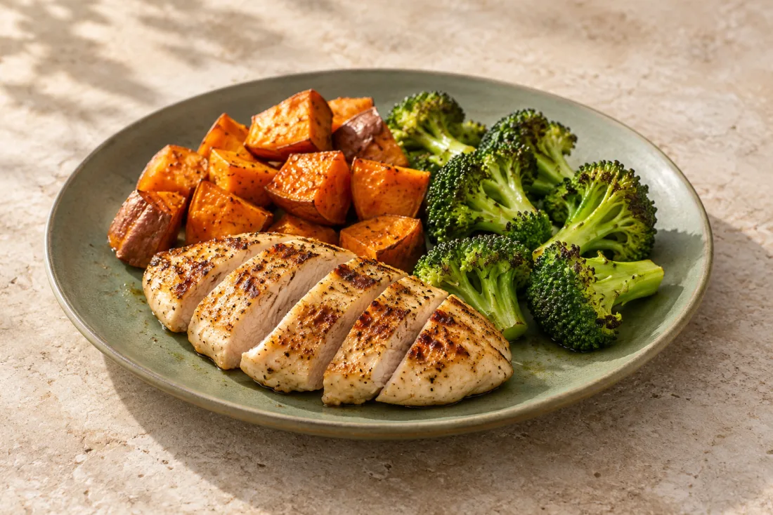Roast chicken, sweet potato & broccoli — serving suggestion