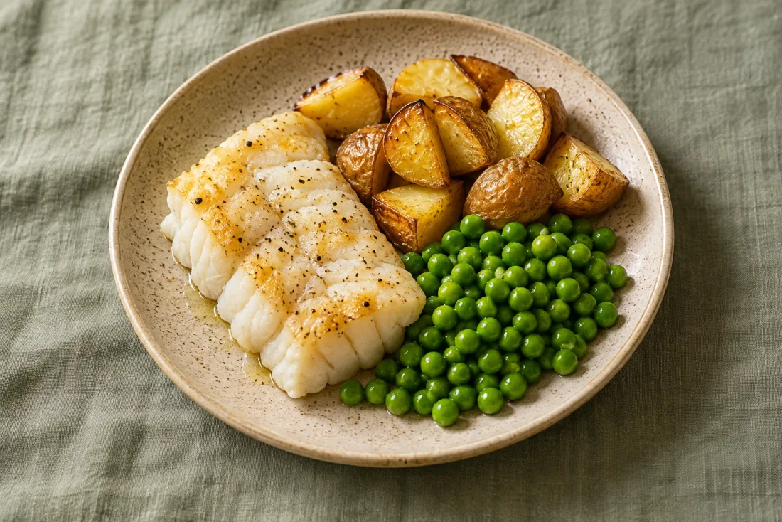 Baked cod, potatoes & peas — serving suggestion