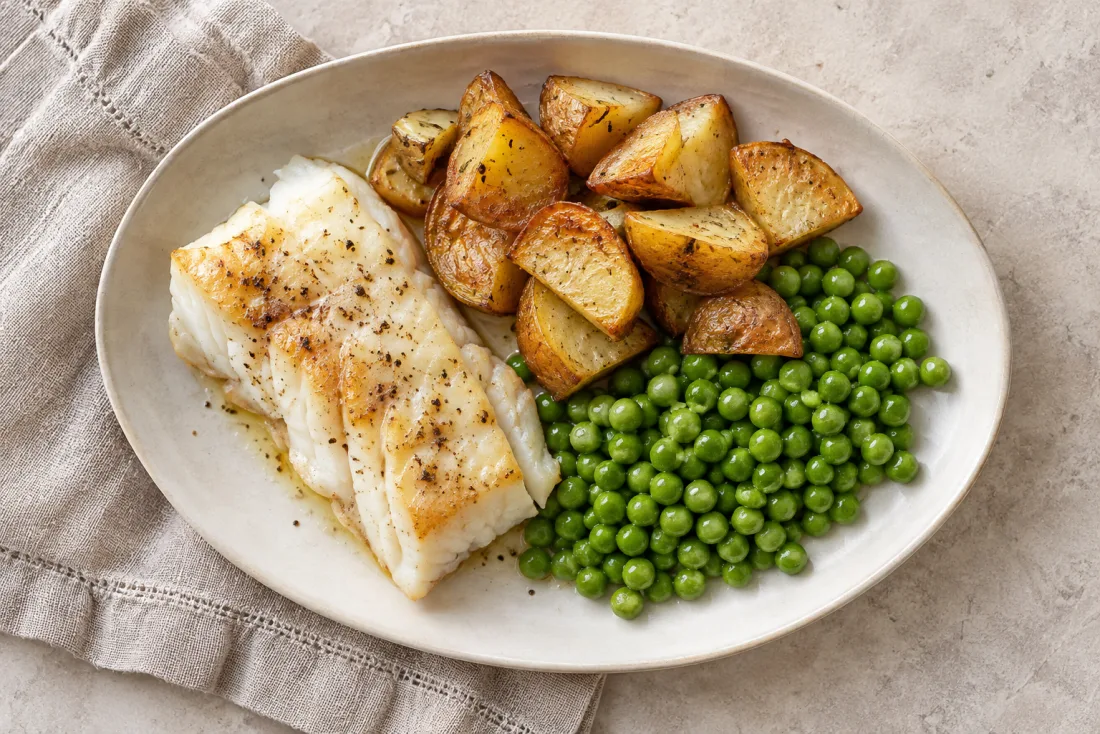Baked cod, potatoes & peas — serving suggestion