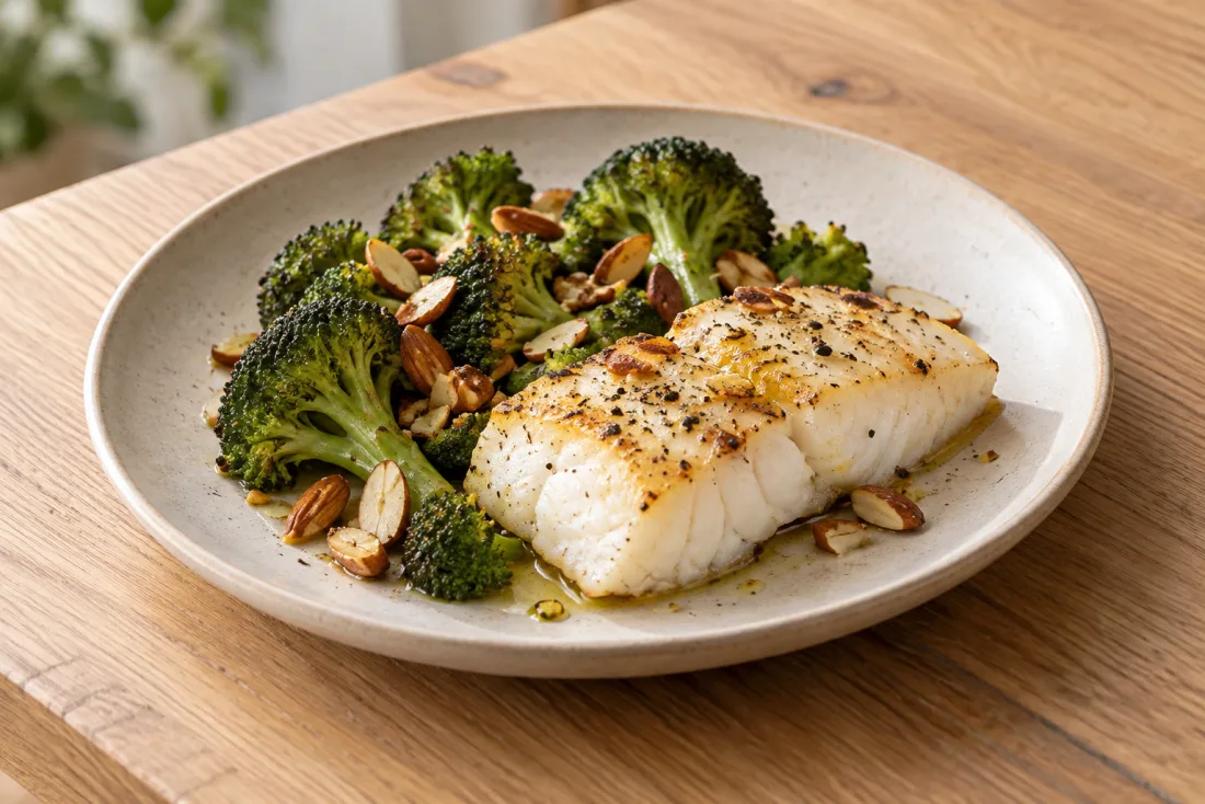 Baked cod with broccoli & almonds — serving suggestion