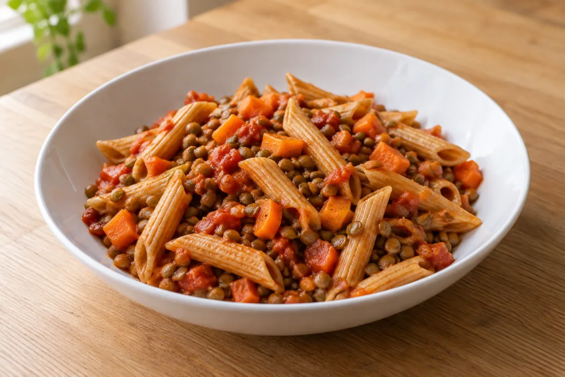 Lentil & tomato pasta — serving suggestion
